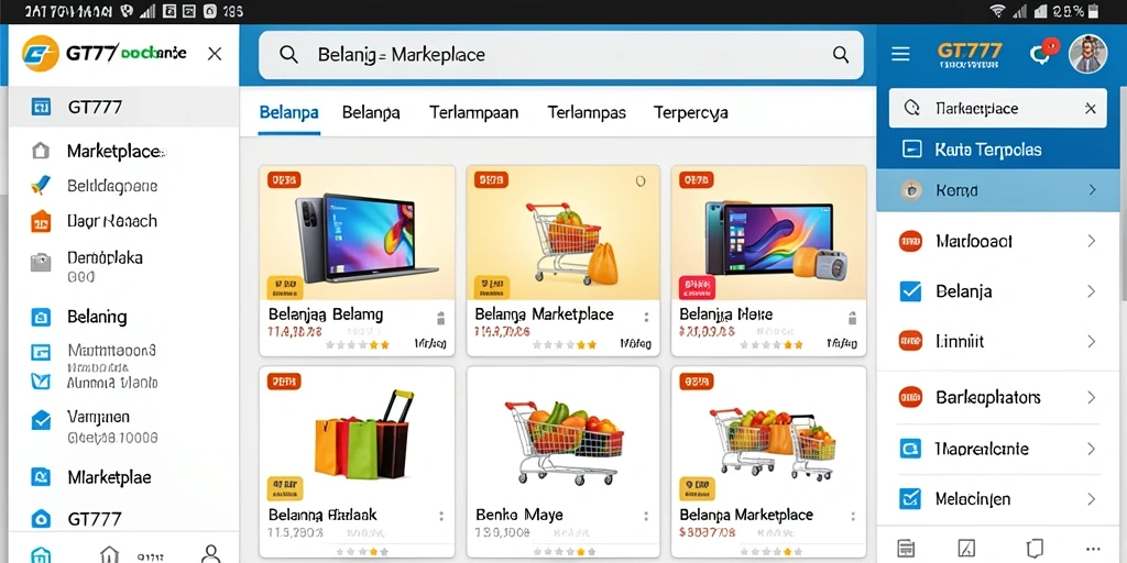 Tampilan antarmuka aplikasi GT777 untuk belanja online yang mudah dan intuitif.